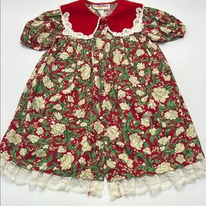 Emily West Vintage Red Green Floral Dress Cotton Girls 6 Peter Pan Collar retro